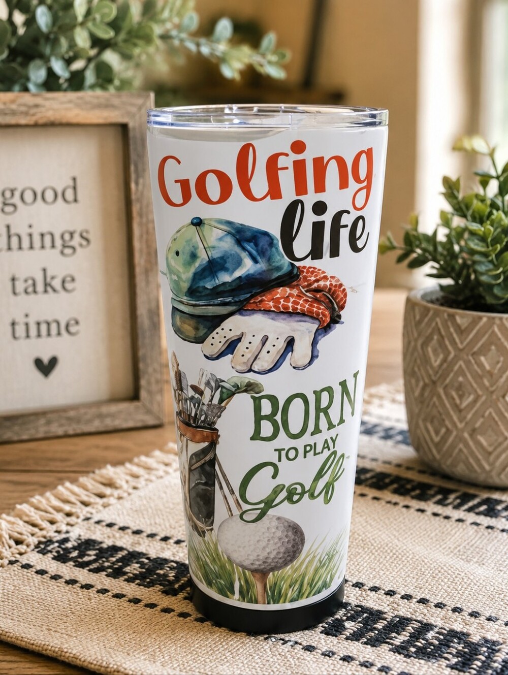 Travel Tumbler - White with Multicolor Golf Artwork